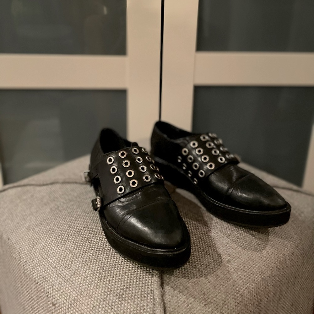 All saints black leather shoes with silver metal trims